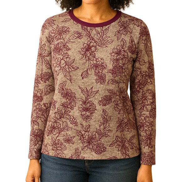 St. John's Bay Burgundy Floral Print Classic Tee Long-Sleeve Shirt Size Large - Picture 2 of 10